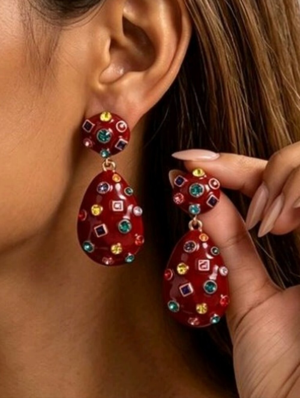 NEW! Retro-Vintage Gold Red Teardrop Multistone Dangle Post Earrings
